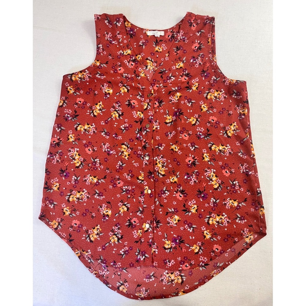 Maurices Womens Rust Red Orange Floral V-Neck Blouse sz M Fall Office Layering